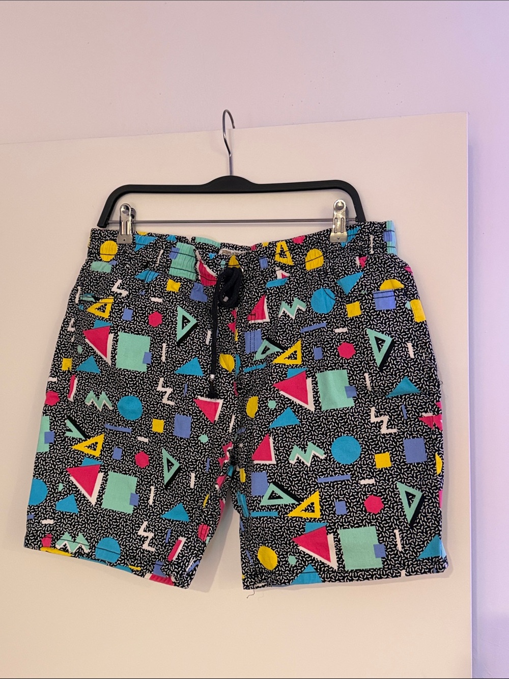 Black Geo-Print Fresh Prince of Bel-Air Men's Board Shorts w/ Multicolor Shapes